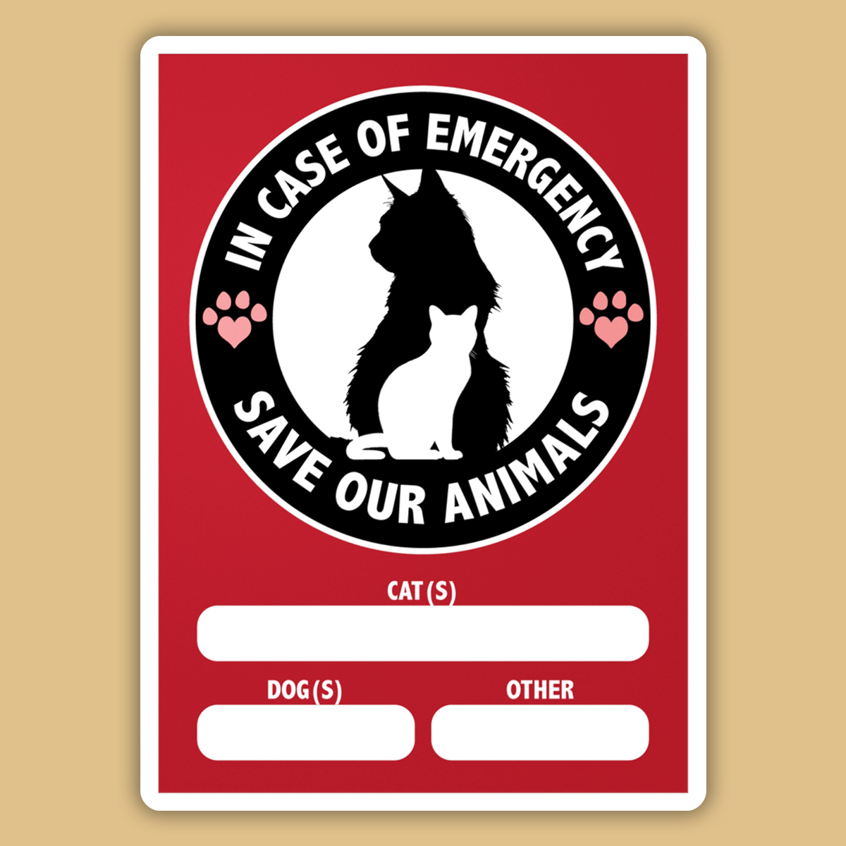In Case of Emergency Save Our Animals Cat Decal